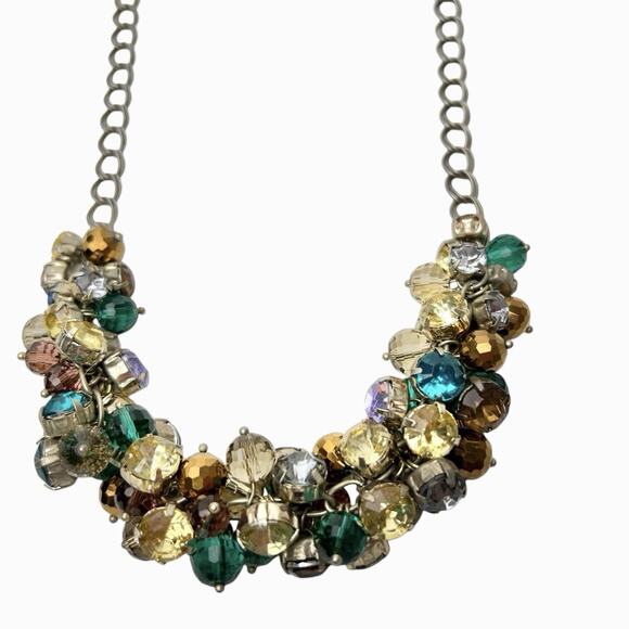 Loft Cha Cha Necklace Faceted Cluster Beads Colorful Layered Silver Tone Chain - Picture 2 of 16